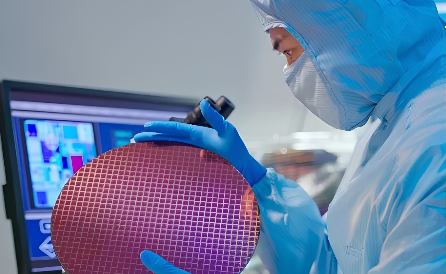 Scientist in full cleanroom gear examines a round semiconductor wafer near a computer monitor with test data in the background.